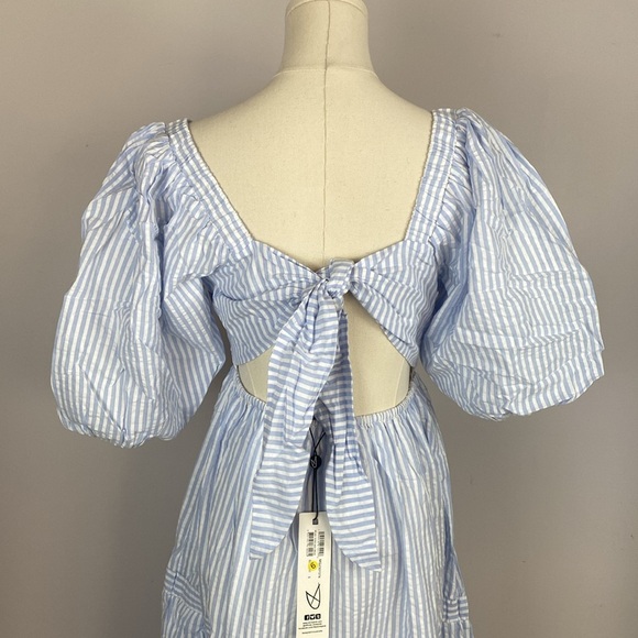 MINKPINK Milani Tiered Midi Dress in Blue & White Small - Picture 5 of 16